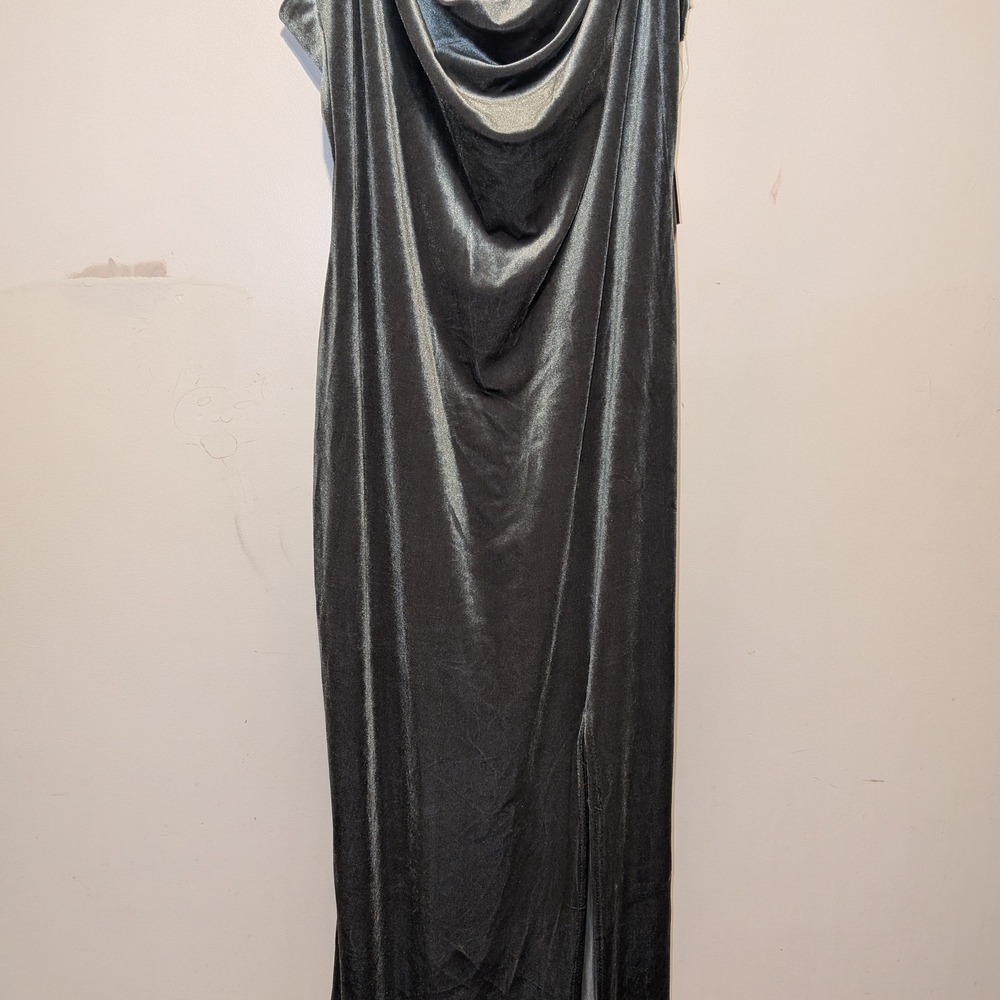 Olive Green Velvet Cowl Neck Dress